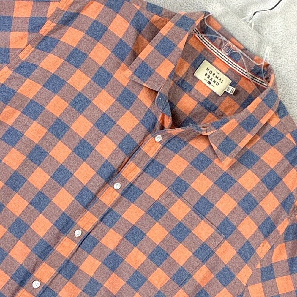 The Normal Brand Flannel Camp Shirt Mens XXL Orange Blue Plaid Preppy Surf Beach